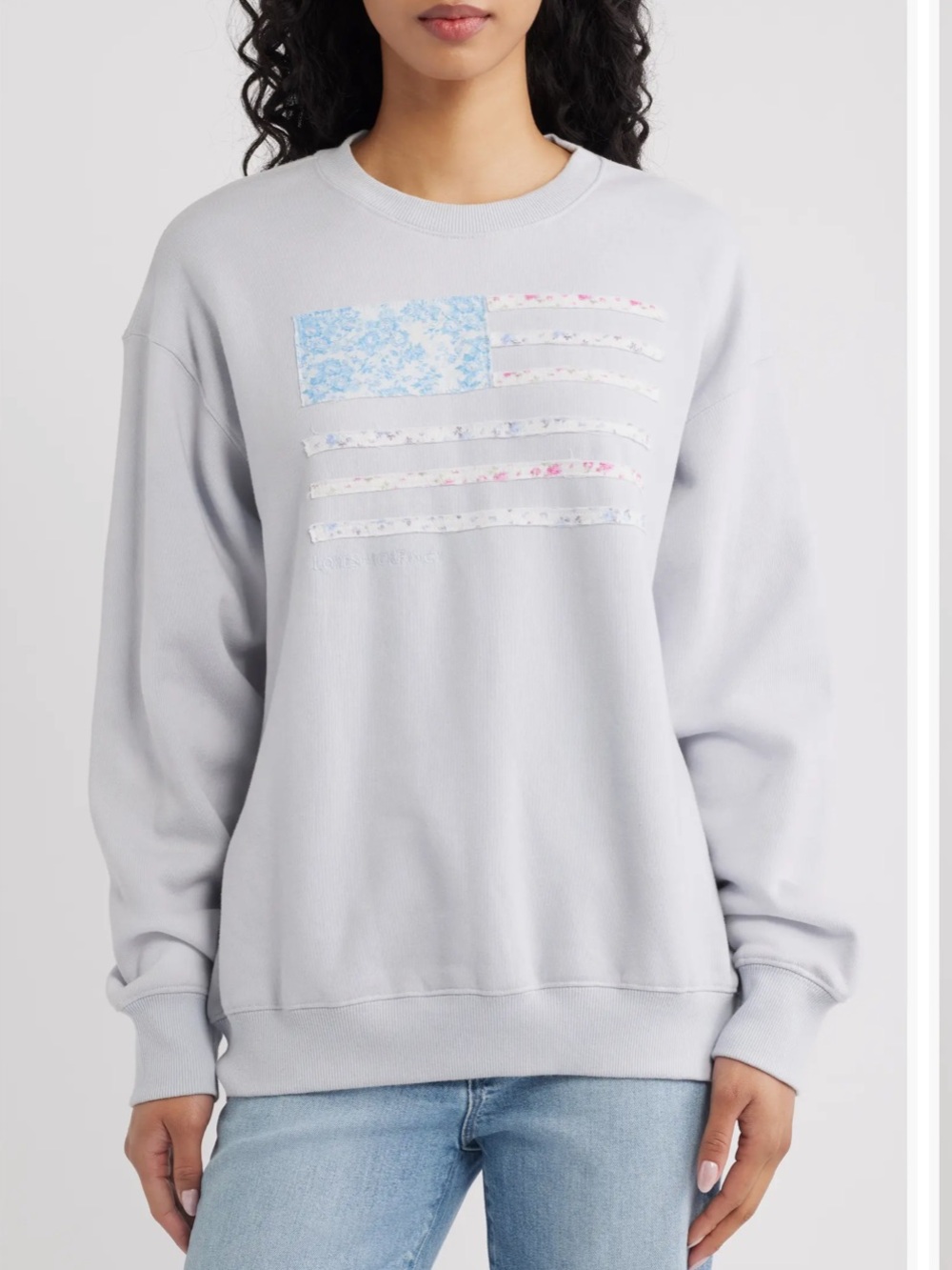 LoveShackFancy Light Blue Floral Patch American Flag OVERSIZED Sweatshirt XS